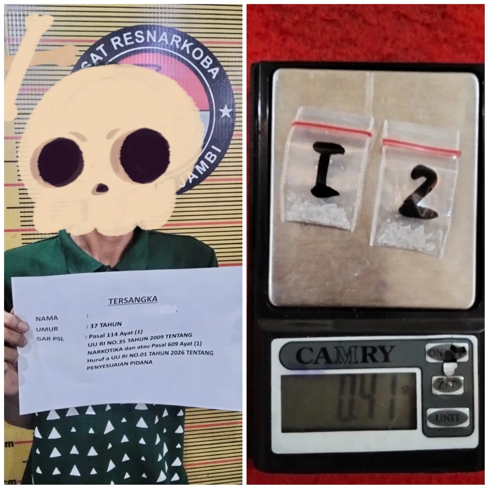 Satresnarkoba Polresta Jambi: Tangkap,Amankan Pelaku Narkotika 2Paket Sabu Seberat 0,41Gram.